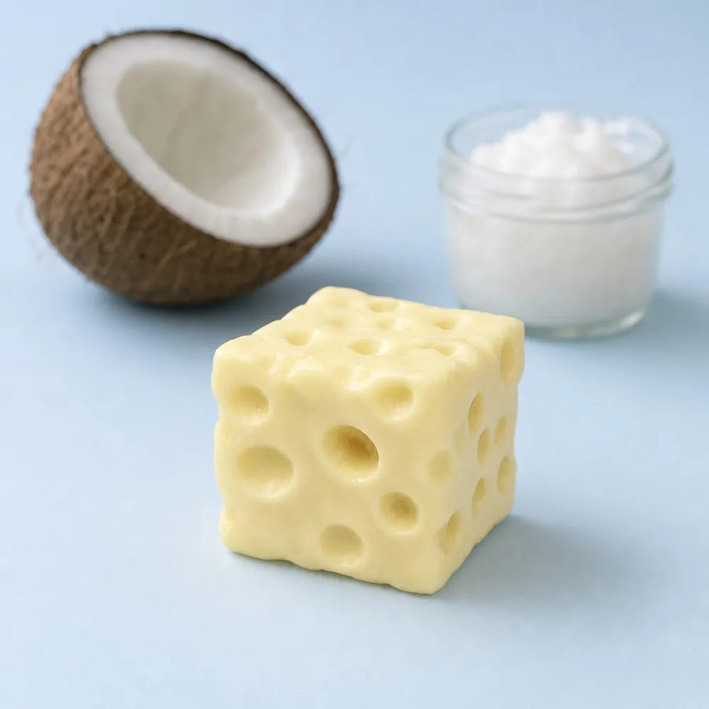 A creamy cheese-cube squishy on pale blue card