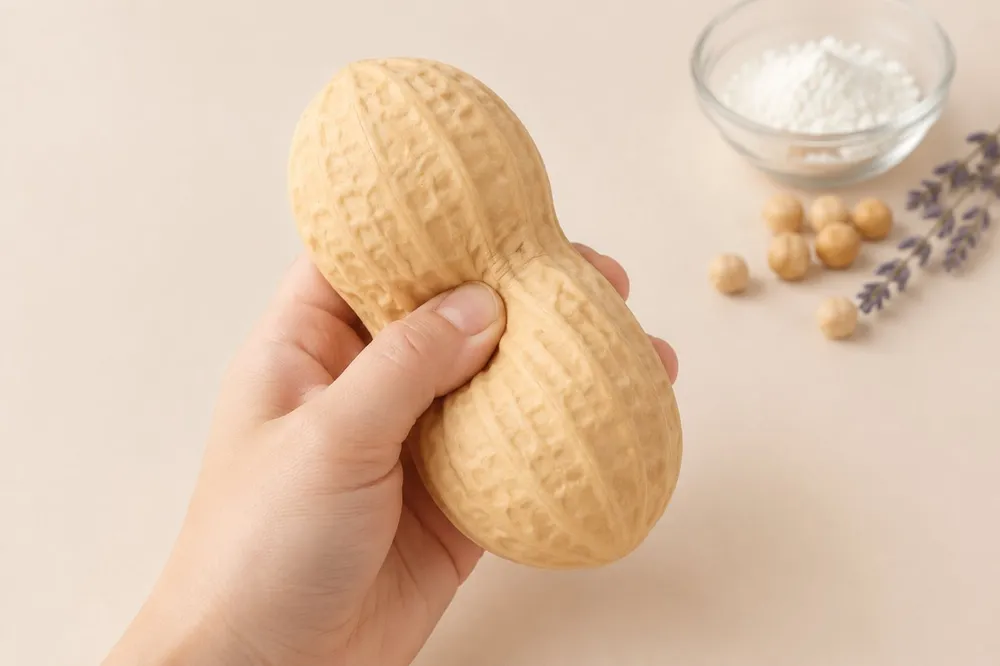 A hand squeezing a peanut-shaped squishy