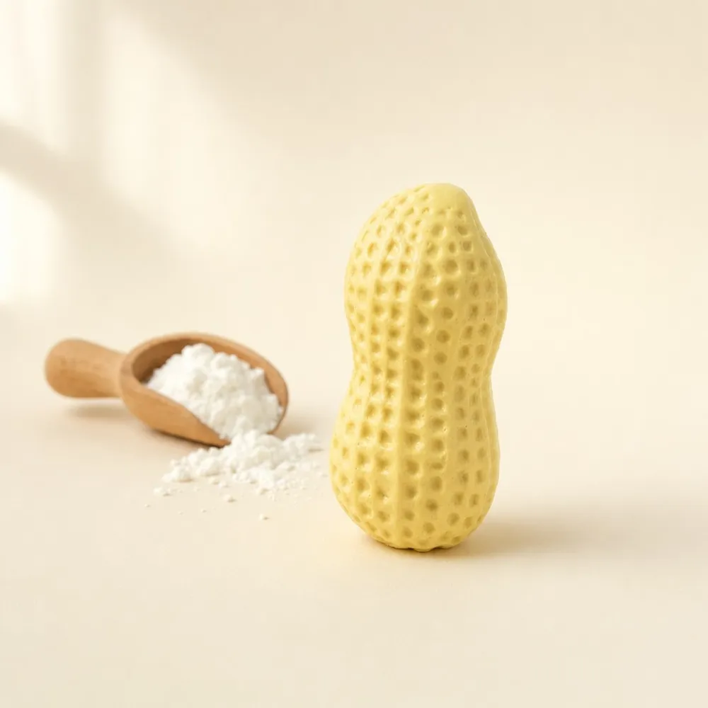 A pale yellow peanut-shaped squishy on cream card