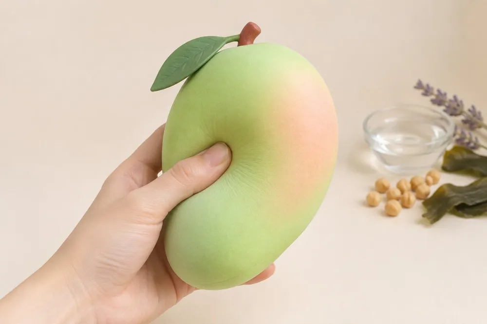 A hand squeezing a green mango squishy beside its ingredients